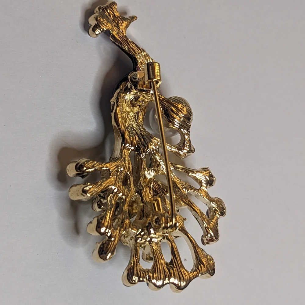 Vibrant Enamel Peacock Brooch Pin Gold Tone Rhinestone‎ & Faux Pearl 2.25